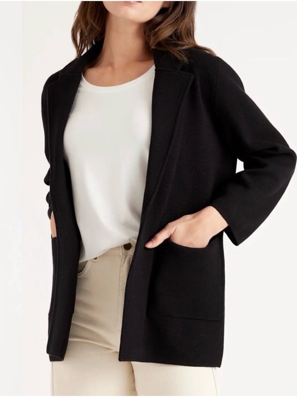 Quince Organic Cotton Black Open-Front Pocket Blazer